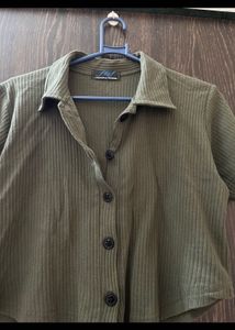 Olive Green Ribbed Button-Up Crop Top