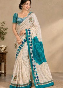 Elegant Cream & Teal Floral Saree