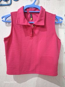 Tokyo Talkies Women Pink Sleeveless Polo Collar Cr