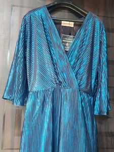 Stunning Blue Metallic Pleated Dress in offer pric