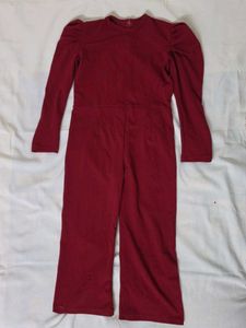 Maroon Puff Sleeve Jumpsuit for Girls