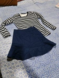 Striped Long Sleeve Top &winter  Denim Skirt Set