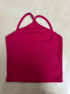 Hot Pink Ribbed Halter Crop Top