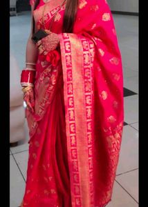 🔥SALE🔥Elegant Pink Banarasi Silk Saree with Gold