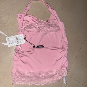 Pink Halter Neck Lace Trim Top