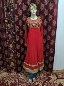 Red &amp; Gold Embellished Anarkali Dress