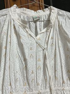 White Tiered Maxi Dress with Gold Print