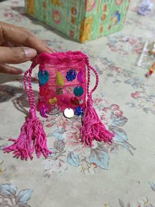 Sparkly Pink Drawstring Pouch&amp; rakhi+lumba
