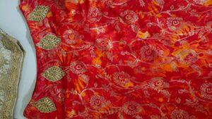 Golden Blouse With Red&amp;Mixed Orange Printed Lehnga