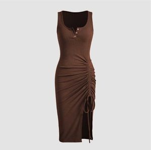 Bodycon Ruched Midi Dress (Brown)