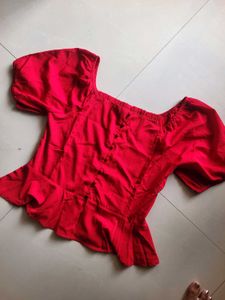 Red Puff Sleeve Square Neck Peplum Top
