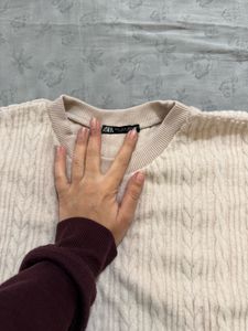 Zara Cream Cable Knit Cropped Sweater