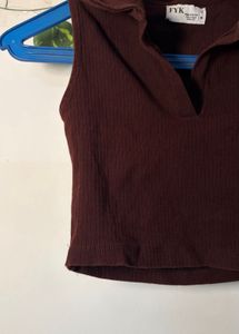 Ribbed Collared Sleeveless Crop Top
