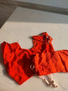 Red Orange Saree With Blue Flower Embroidery