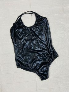 Shiny Black Halter Neck One-Piece Swimsuit