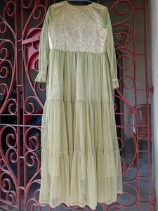 Olive Green Woven work Long Sleeves Gown