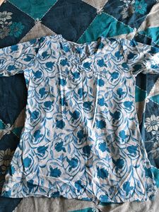 Blue Floral Print Cotton Kurta