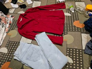 Red Button-Down Shirt &amp; Light Wash Jeans