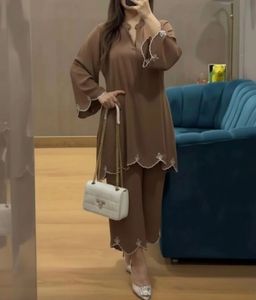 Elegant Brown Kurta Set with White Embroidery