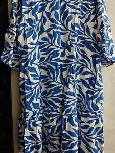 New Blue &amp; White Leaf Print Summer Dress 48 inches