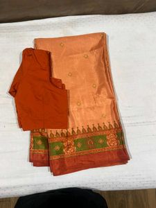 Peach Silk Saree with Ruby &amp; Emerald Border🌹🫰🏻