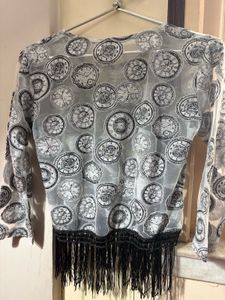Sheer Clock Print Top with Fringe