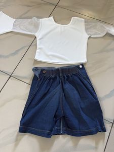 White Mesh Sleeve Top &amp; Denim Skirt Set