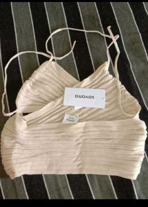 Cream Ribbed Halter Neck Crop Top