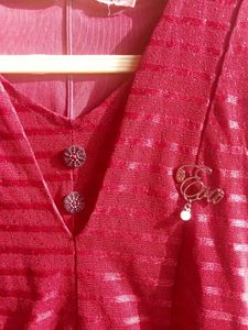 Deep Maroon A-Line Party Dress with Brooch Detail