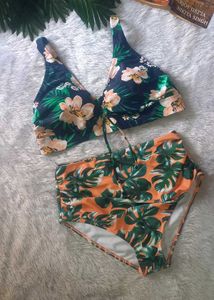 Tropical Print High-Waisted Bikini Set