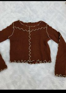 Chic Brown Ribbed Lettuce Trim Top