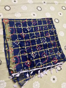 Blue Bandhani Scarf with Tassels