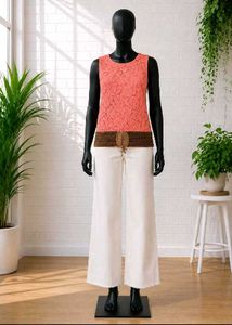 Coral Lace Sleeveless Top with Belt Detail