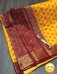 Vibrant Yellow &amp; Maroon Silk Saree