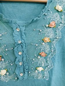 Blue Embroidered Boho Blouse