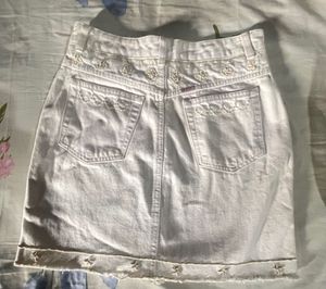 White Denim Mini Skirt with Embroidery