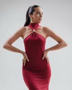 Elegant Halter Neck Red Midi Dress