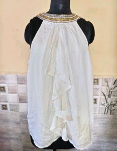 White Ruffled Halter Top with Beaded Neckline