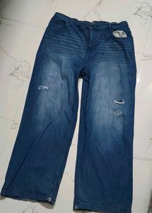 Blue Distressed Wide Leg Jeans