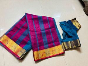 Beautiful Teal and Pink Striped Saree