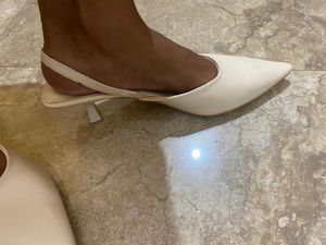 Beige Kitten Heels  Mules With Slingbag