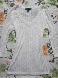 White V-Neck Ribbed Long Sleeve Top