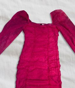 Hot Pink Ruched Sheer Dot Mini Dress