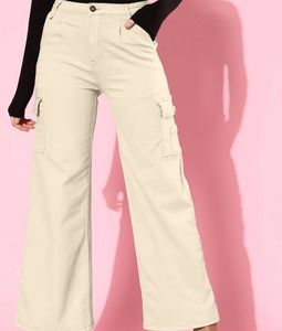 Cream Cargo Wide-Leg Jeans