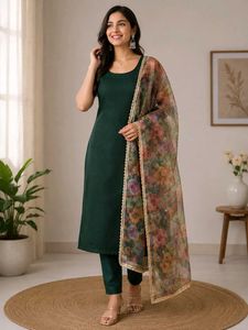 Dark Green Kurta Set with organza dupatta