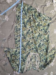 Green Floral Print Kurta with Embellished Neckline