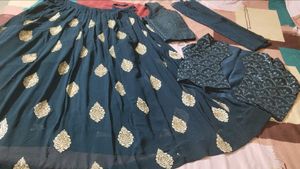 Elegant Blue &amp; Gold Embellished Lehenga Set
