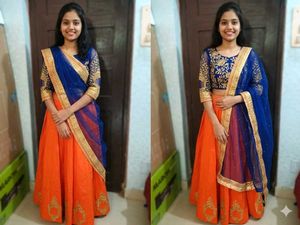 1-TimeUsed OrangeLehengaWithNavyBlueBlouse&Dupat