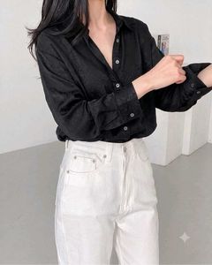 Korean Chic silk Black Textured Button-Up Shirt