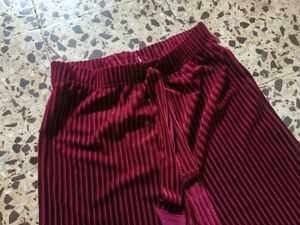 Burgundy Velvet Striped Palazzo Pants